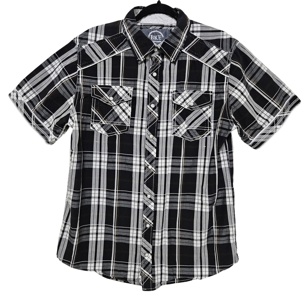 BKE Plaid Western Shirt Black White Snap Button Y2K Indie‎ Grunge Mens L